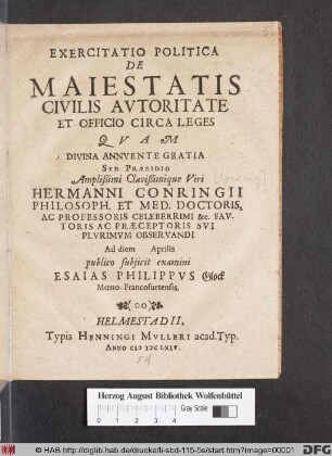 Exercitatio Politica De Maiestatis Civilis Autoritate Et Officio Circa Leges