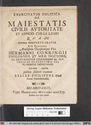 Exercitatio Politica De Maiestatis Civilis Autoritate Et Officio Circa Leges