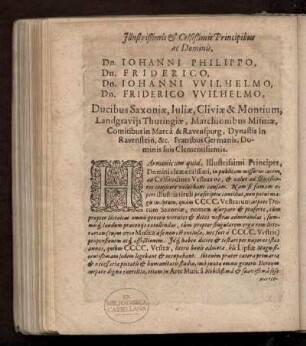 Dedikation an Johann Phillipp, Friedrich, Johann Wilhelm und Friedrich Wilhelm, Grafen zu Sachsen, von Georg Engelmann