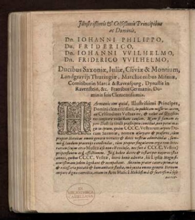 Dedikation an Johann Phillipp, Friedrich, Johann Wilhelm und Friedrich Wilhelm, Grafen zu Sachsen, von Georg Engelmann