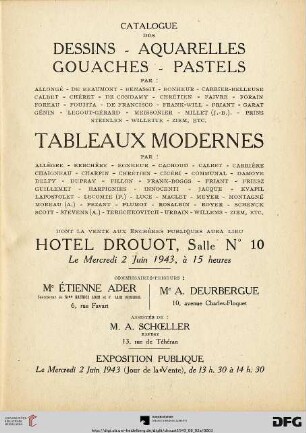 Catalogue des dessins, aquarelles, gouaches, pastels : par: Allongé, De Beaumont ... Ziem, etc. ; tableaux modernes par: Allègre, Berchère ... Ziem, etc. ; dont la vente aux enchères publiques aura lieu Hotel Drouot, le mercredi 2 juin 1943
