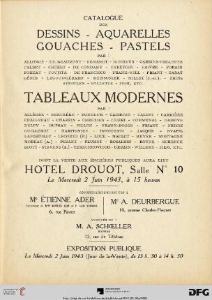 Catalogue des dessins, aquarelles, gouaches, pastels : par: Allongé, De Beaumont ... Ziem, etc. ; tableaux modernes par: Allègre, Berchère ... Ziem, etc. ; dont la vente aux enchères publiques aura lieu Hotel Drouot, le mercredi 2 juin 1943