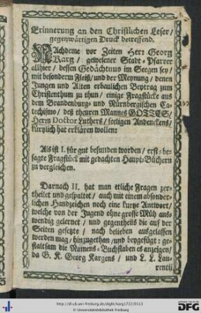 Erinnerung an den Christlichen Leser, gegenwärtigen Druck betreffend.