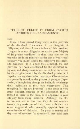 Letter to Felipe IV from father Andres del Sacramento