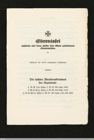 Ehrentafel - Ergänzungen