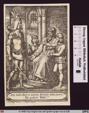 Ein Ritter in Rüstung mit Schwert tritt vor einen alten König, der von zwei Knappen flankiert wird.