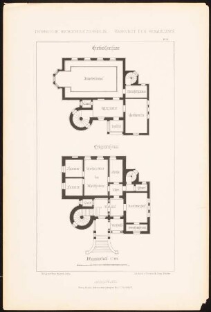 Jagdschloss: Grundriss EG, 1.OG 1:100 (aus: Baukunst der Renaissance, Entwürfe von Studirenden unter Leitung von J. C. Raschdorff, II. Jahrgang, Berlin 1881)