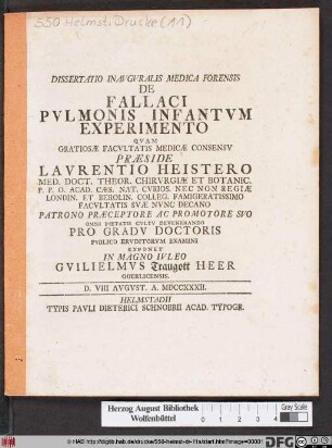 Dissertatio Inavgvralis Medica Forensis De Fallaci Pvlmonis Infantvm Experimento