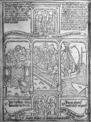 Blockbuchausgabe der Biblia pauperum : Joseph wird von seinen Brüdern in die Zisterne geworfen, Grablegung Christi, Jonas wird ins Meer geworfen (Seite 27) aus: Blockbuchausgabe der Biblia pauperum. Dresden: SLUB Mscr.Dresd.g.152.d
