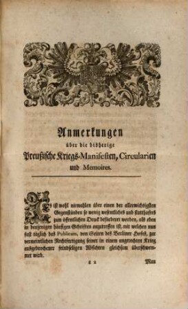 Anmerkungen über die von Anbeginn des gegenwärtigen Kriegs bis anhero zum öffentlichen Druck gediehene Königl. Preußische Kriegs-Manifesten, Circularien und Memoires