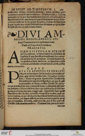 Divi Ambrosii Mediolanensis Episcopi Commentarij in epistolam beati Pauli ad Timotheũ secundam