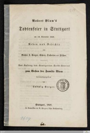 Robert Blum's Todtenfeier in Stuttgart am 19. November 1848 : Reden und Gedichte