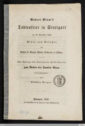 Robert Blum's Todtenfeier in Stuttgart am 19. November 1848 : Reden und Gedichte
