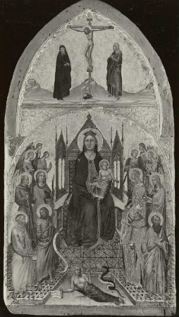 Thronende Madonna mit dem Kinde, von sechs Engeln und acht Heiligen verehrt