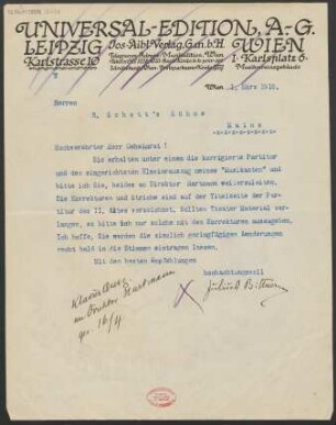 Brief an Ludwig Strecker  und B. Schott's Söhne : 01.03.1918