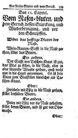 Das 11. Capitel. Vom Nasen-bluten, und dem Geruch, dessen Stärckung, und Wiederbringung, und vor den Schnupffen.