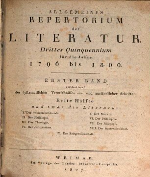 Allgemeines Repertorium der Literatur. [7.] 1796/1800 (1807) = Hälfte 1