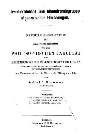 Irreduktibilität und Monodromiegruppe algebraischer Gleichungen