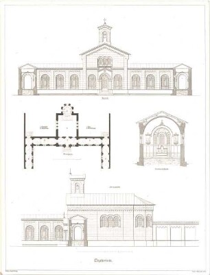 Beyschlag, Franz Xaver; Oratorium - Grundriss, Aufriss m. Schnitt, Ansicht m. Schnitt, Querschnitt