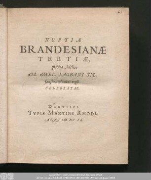 Nuptiæ Brandesianæ Tertiæ. plectro Melico
