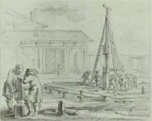 Arbeiter mit Ramme auf Hof (Der Zimmermann?) : Der Zimmermann?, Pfähle einrammen f. Fundament, Zeichn., 18. Jh.