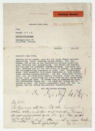 Brief von Christof Hertel an Hannah Höch. Dessau. Briefkopf: "hochschule für gestaltung bauhaus dessau [...]". Mit hs. Hervorhebung und Antwortentwurf von Hannah Höch
