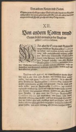 XII. Von andern Rotten unnd Secten/ so sich niemals zu der Augspurgischen Confession bekennet.