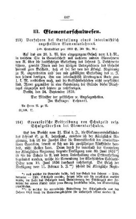Verfahren bei Entlassung eines interimistisch angestellten Elementarlehrers : [III. Elementarschulwesen]
