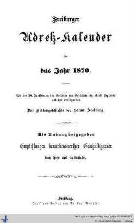 Freiburger Adreß-Kalender : für das Jahr 1870