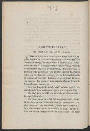 Escritos póstumos del Señor Don José Joaquín de Araujo.