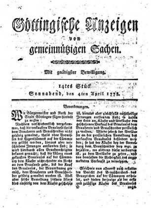 14tes Stück. Sonnabend, den 4ten April 1778.
