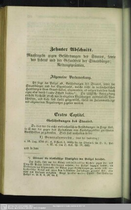 Zehnter Abschnitt. Maaßregeln gegen Gefährdungen des Staates, sowie des Lebens und der Gesundheit der Staatsbürger; Rettungsprämien