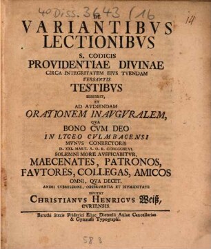 Diss. ... de variantibus lectionibus S. Codicis, providentiae divinae circa integritatem eius tuendam versantis testibus