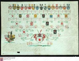 Ahnenprobe des Philipp Franz Knebel v. Katzenellnbogen. - ausgefertigt 1752 April 29, Zeichner Friedrich Martin (?)