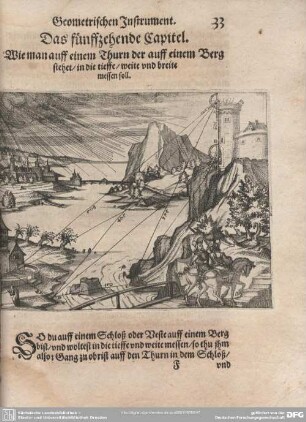 Da fünffzehende Capitel. Wie man auff einem Thurn der auff einem Berg stehet/ in die tieffe/weite und breite messen soll.