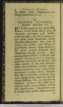 III. Ioannes Sturmius Rogero Aschamo. S. P.
