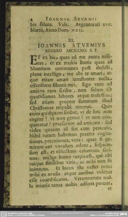 III. Ioannes Sturmius Rogero Aschamo. S. P.