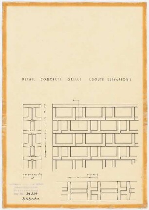 New Central National Bank of Iraq, Bagdad: Detail Concrete Grille (South elevation) 1:10, Ansicht, Detail, 2 Schnitte Detail