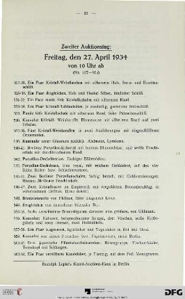 Zweiter Auktionstag: Freitag, den 27. April 1934; von 10 Uhr ab (Nr. 527-905)