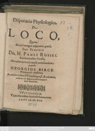 Disputatio Physiologica De Loco