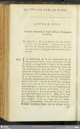 Lettre CVII. A Sephat Abercromil, Vanni Effendi, Prédicateur du Sultan