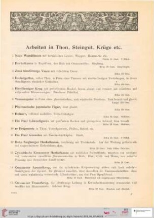 Arbeiten in Thon, Steingut, Krüge etc. (Nr. 1 - 61)