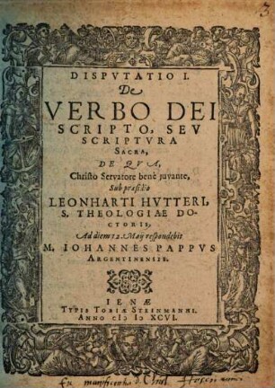 Disputatio I. De verbo Dei scripto, seu scriptura sacra
