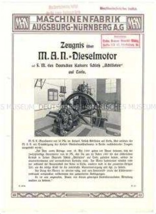 Zeugnis über Dieselmotoren für ein Elektrizitätswerk auf des Deutschen Kaisers Schloss auf Corfu