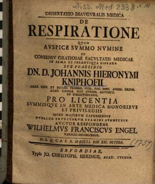 Dissertatio Inavgvralis [Inauguralis] Medica De Respiratione