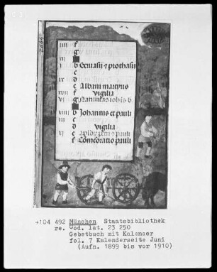 Gebetbuch mit Kalender — Kalenderseite Juni mit zwei Miniaturen, Folio 7recto