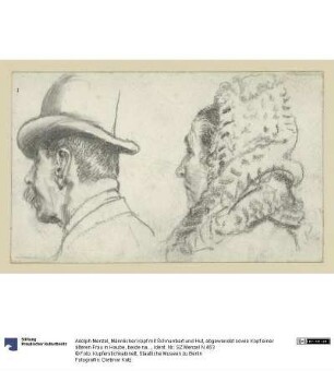 Männlicher Kopf mit Schnurrbart und Hut, abgewendet sowie Kopf einer älteren Frau in Haube, beide nach links
