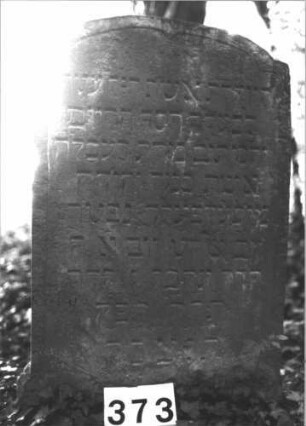 Grabstein 373 (Index: 99898363) Material: Sandstein Zustand: angewittert Maße HxBxT: 99x50x9 cm Beschreibung: Stele mit eingezogenem Rundbogenabschluss, von der Spitze herabhängende, eingeritzte Blüte Symbolik: Blüte Besonderheit: kulturhistorisch wertvoll / hist.-wiss. Gründe (Gemeindestellung): Grabstein 373