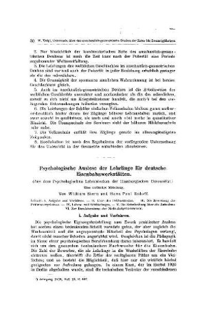 Psychologische Auslese der Lehrlinge für deutsche Eisenbahnwerkstätten : (aus dem psychologischen Laboratorium der Hamburgischen Universität)