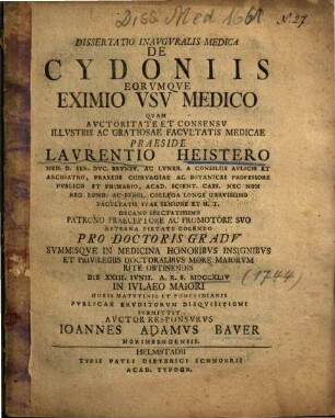 Dissertatio Inavgvralis Medica De Cydoniis Eorvmqve Eximio Vsv Medico